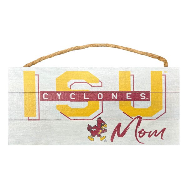Walking Cy Mom Cardinal and Gold Wood Plank Hanging Sign